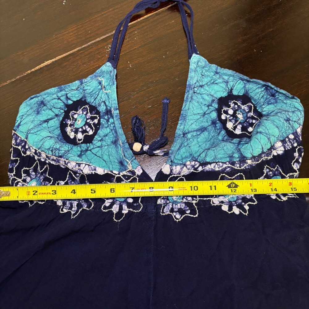 Batik Halter Maxi Dress Navy Turquoise Boho Embroidered Rayon Open Back One size - Picture 8 of 10